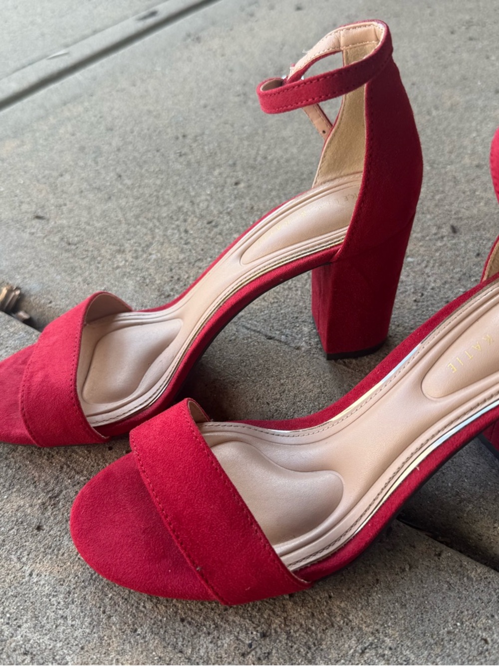 Kelly & Katie Red Suede Block Heel Sandals with Ankle Strap